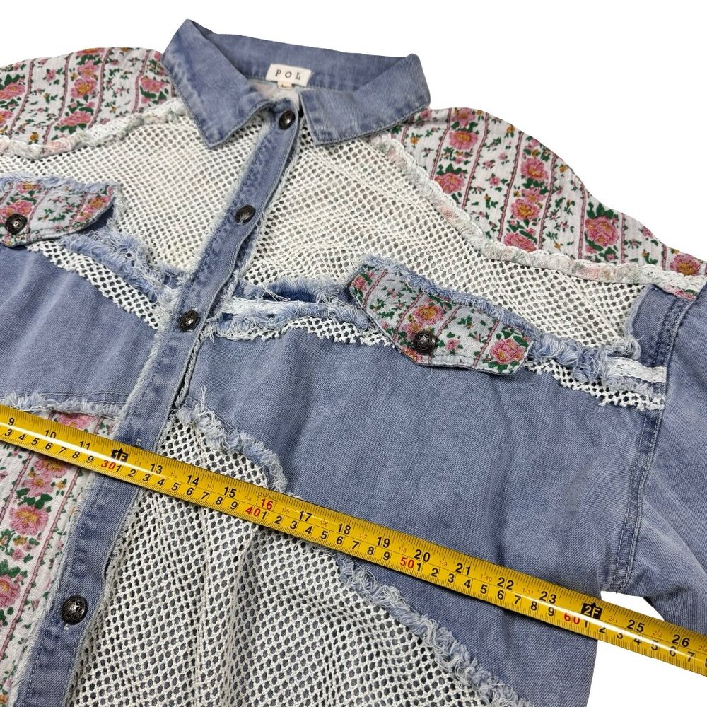 POL Patchwork Denim Jacket Shacket SZ L Blue Flor… - image 11